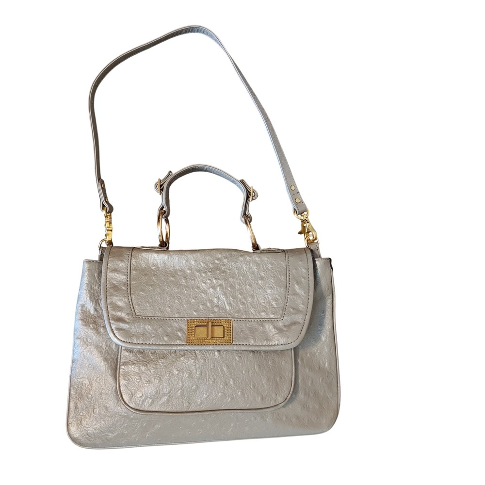Rebecca Minkoff Satchel Womens Large Tan Ostrich Embossed Leather Gold Hardware